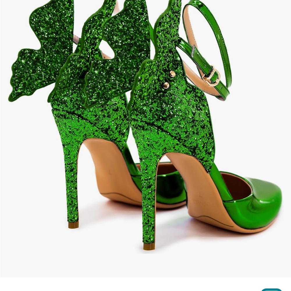 Elegant Green High Heels with Pointed Toe and Decorative Leaf Design - Picture 8 of 8